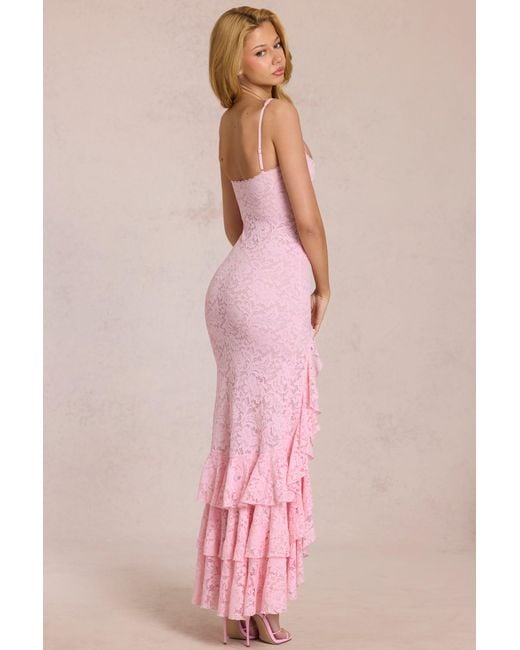 Oh Polly Pink Lace Ruffle Maxi Dress