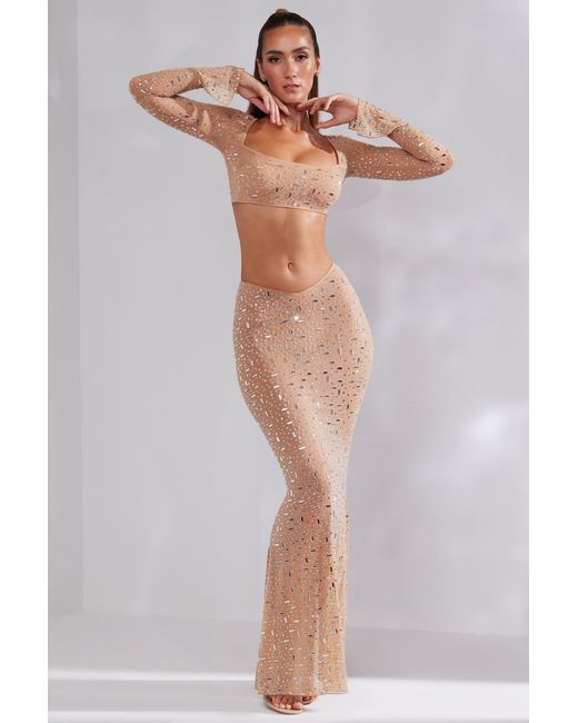 Oh Polly Natural Sheer Embellished V-Waist Maxi Skirt