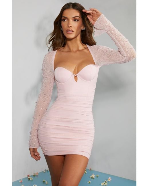 Oh Polly Pink Embellished Long Sleeve Mini Dress