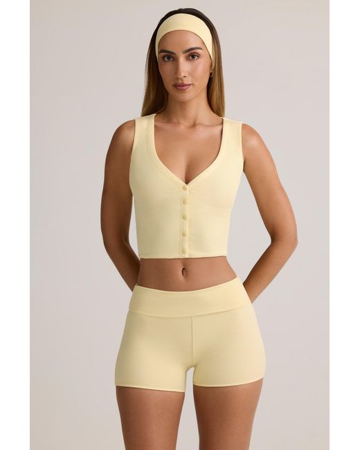 Oh Polly Yellow Modal Ribbed Mid-Rise Foldover Shorts