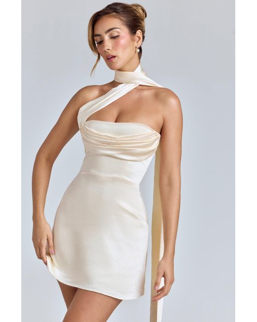 Oh Polly White Draped Halterneck Satin Mini Dress