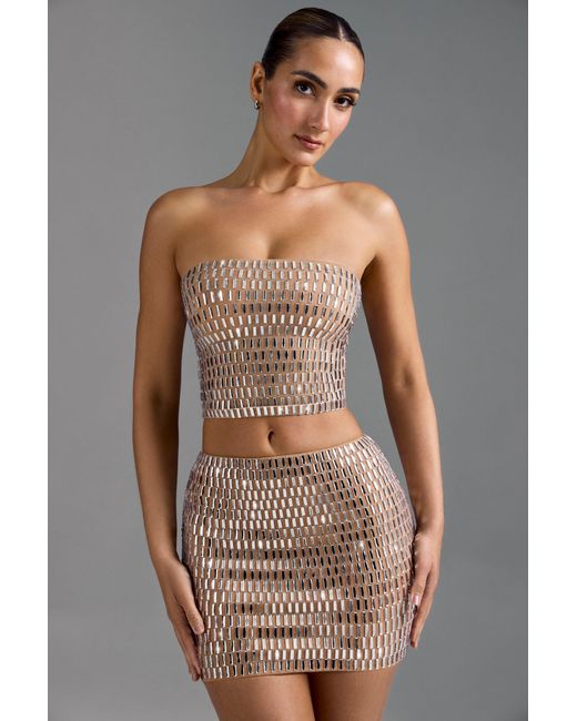 Oh Polly Natural Embellished Low-Rise Micro Mini Skirt