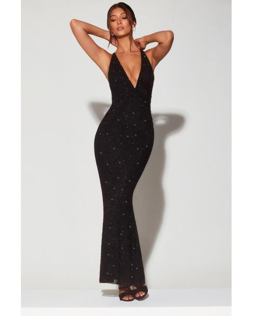 Oh Polly Black Embellished Plunge Halter Neck Evening Gown