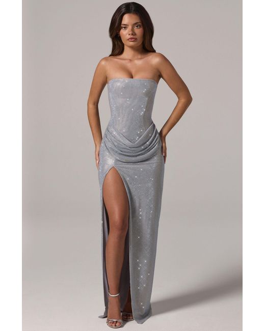 Oh Polly Metallic Embellished Bandeau Cowl-Waist Maxi Dress