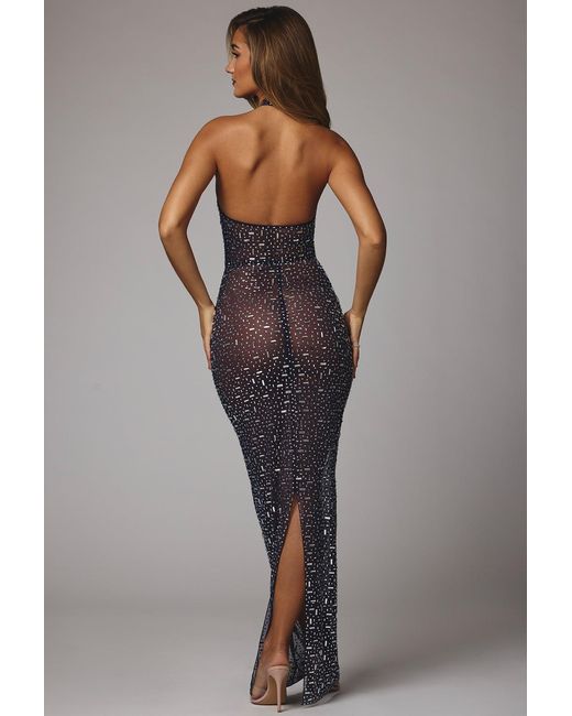 Oh Polly Blue Sheer Embellished High Neck Evening Gown