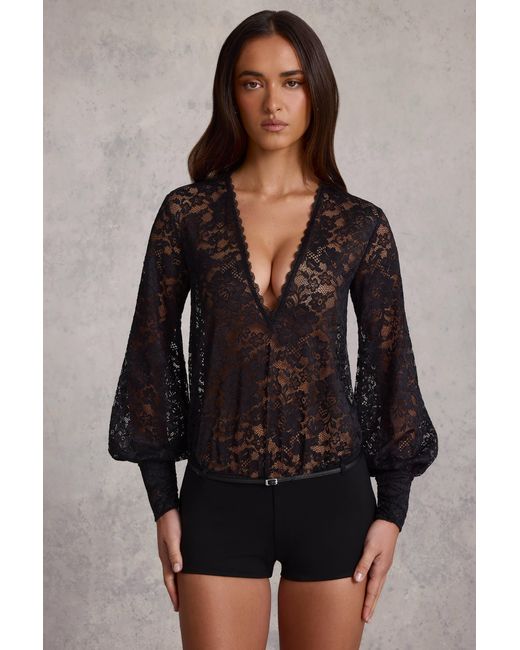 Oh Polly Black Sheer Lace Plunge-Neck Loose-Fit Playsuit