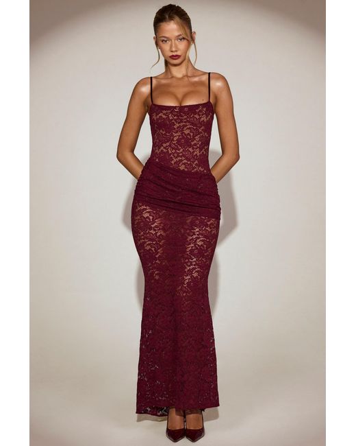 Oh Polly Red Sheer Lace Square-Neck Ruched Gown