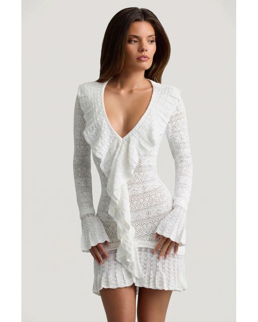 Oh Polly White Ruffle-Trim Pointelle-Knit Mini Dress