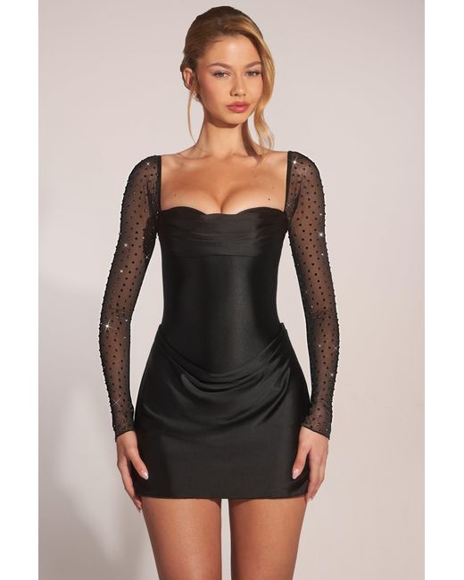 Oh Polly Black Embellished Long-Sleeve Draped Mini Dress