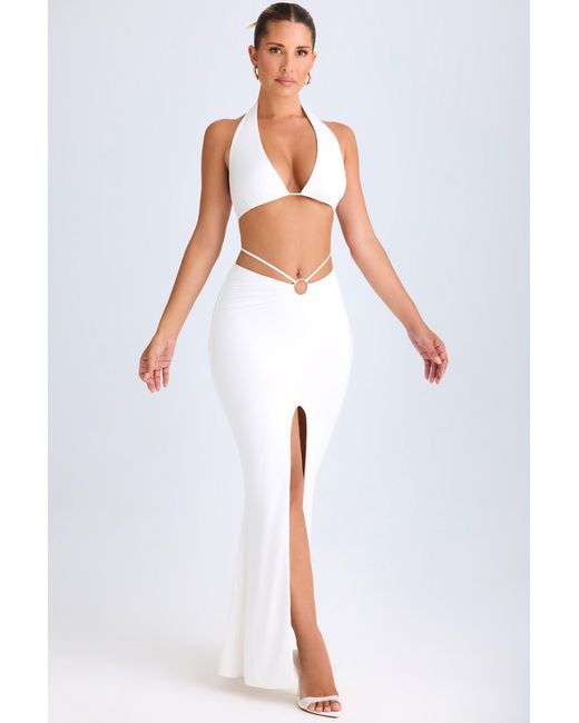 Oh Polly White Plunge Hardware-Detail Halterneck Crop Top