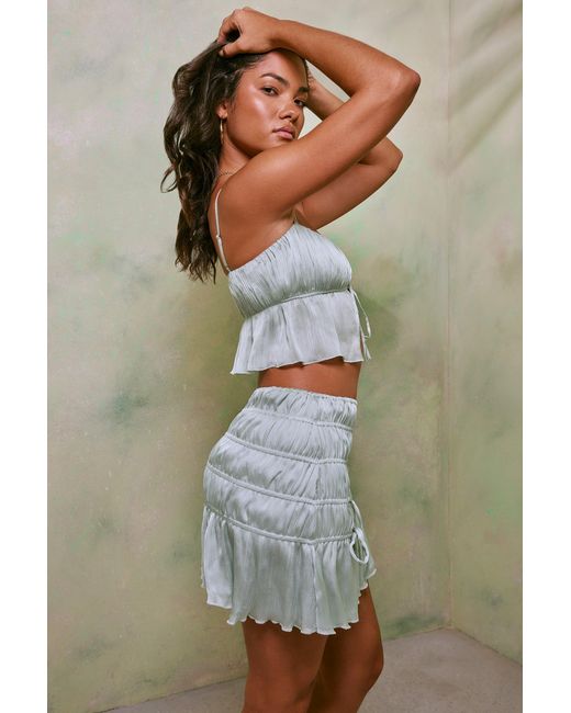 Oh Polly Green Shirred Tie Up Front Crop Top