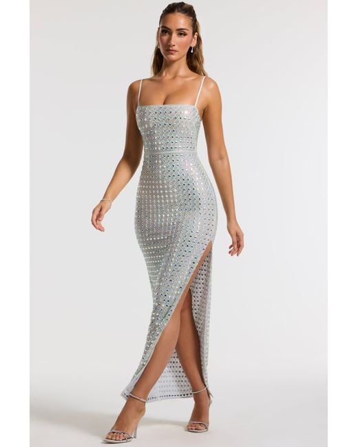 Oh Polly White Embellished Square Neck Thigh Split Gown