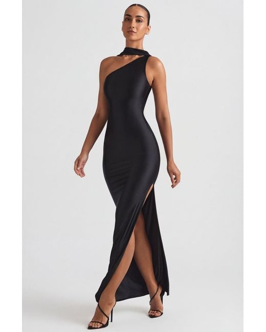 Oh Polly Black Asymmetric Scarf-Detail Maxi Dress