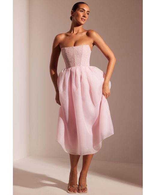 Oh Polly Pink Embellished Corset Tulle Skirt Midi Dress