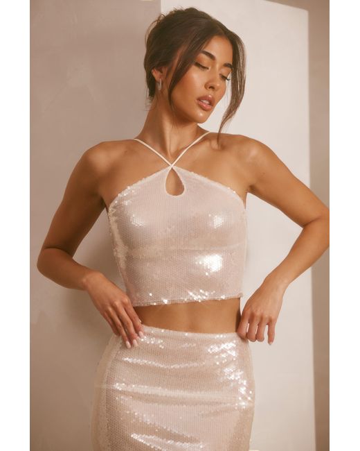 Oh Polly White Sheer Sequin Keyhole Cut Out Halter Neck Crop Top