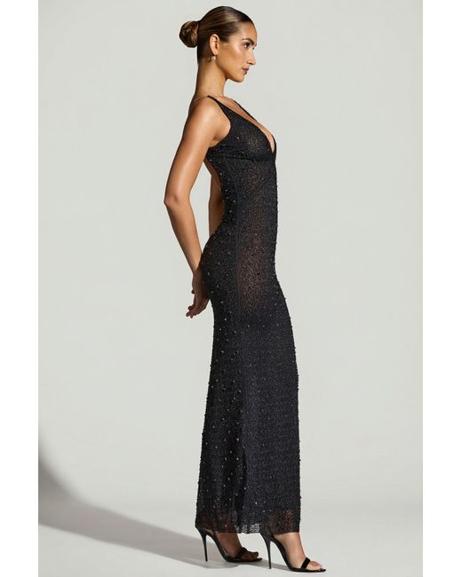 Oh Polly Black Embellished Plunge Neck Evening Gown