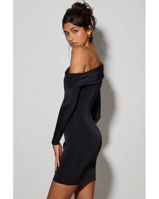 Oh Polly Black Off-Shoulder Ruched Mini Dress