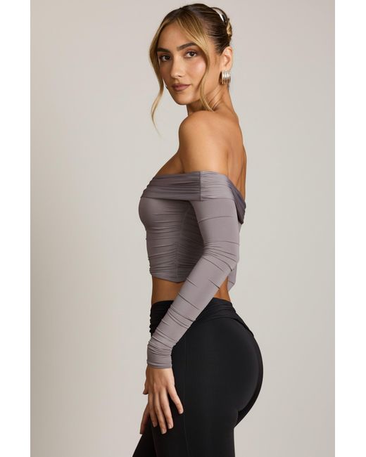 Oh Polly Gray Asymmetric Off-Shoulder Draped Top