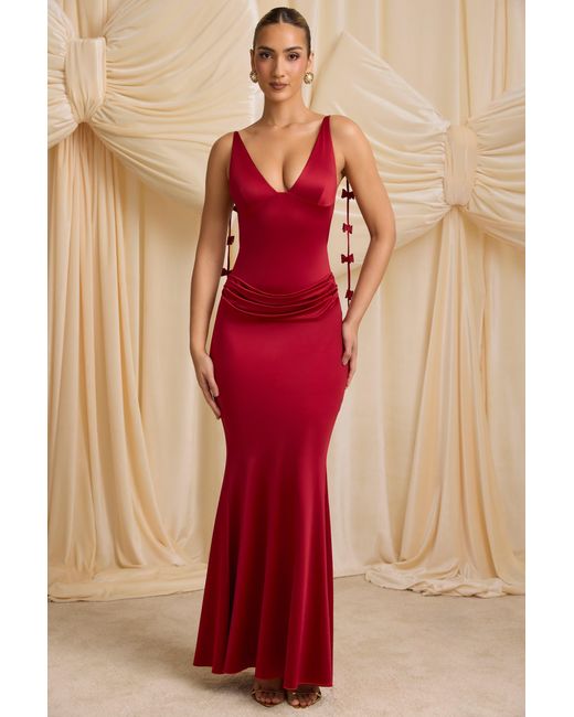 Oh Polly Red Bow-Detail Draped Open-Back Gown