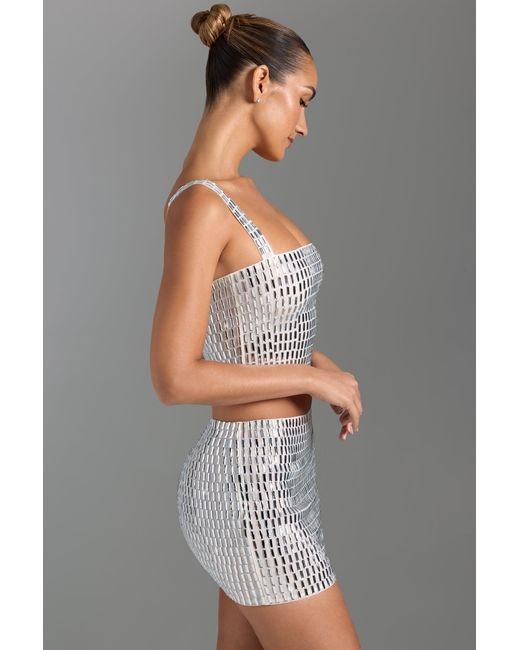 Oh Polly White Embellished Low-Rise Micro Mini Skirt