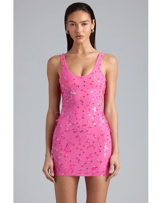 Oh Polly Pink Embellished Lace-Up Mini Dress