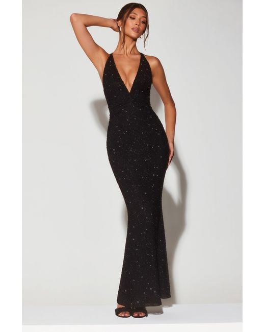Oh Polly Black Embellished Plunge Halter Neck Evening Gown