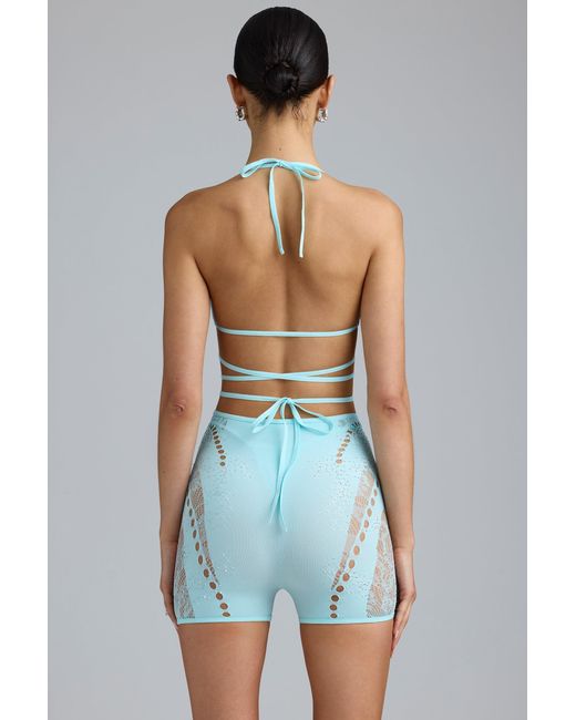 Oh Polly Blue Embellished High-Waist Shorts