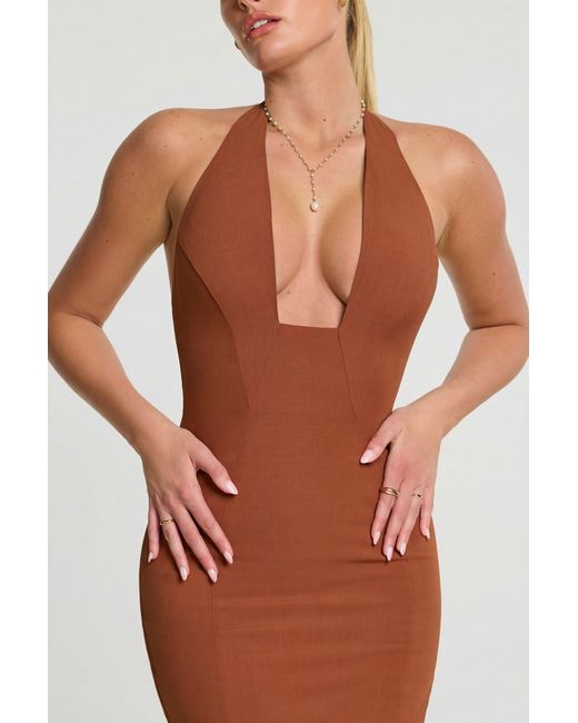 Oh Polly Brown Woven Twill Halter Neck Plunge Maxi Dress