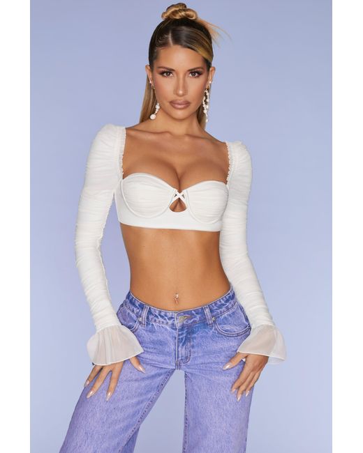 Oh Polly White Long Sleeve Ruched Crop Top