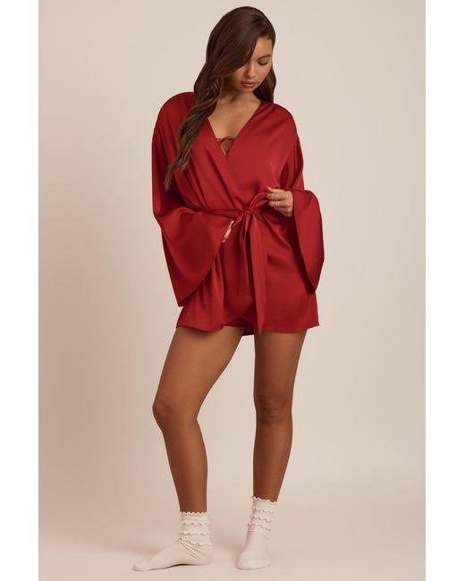 Oh Polly Red Embellished Loose-Fit Wrap-Over Robe