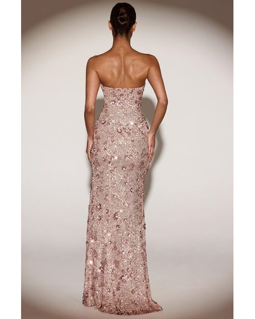 Oh Polly Natural Embellished Bandeau-Neck Strapless Gown