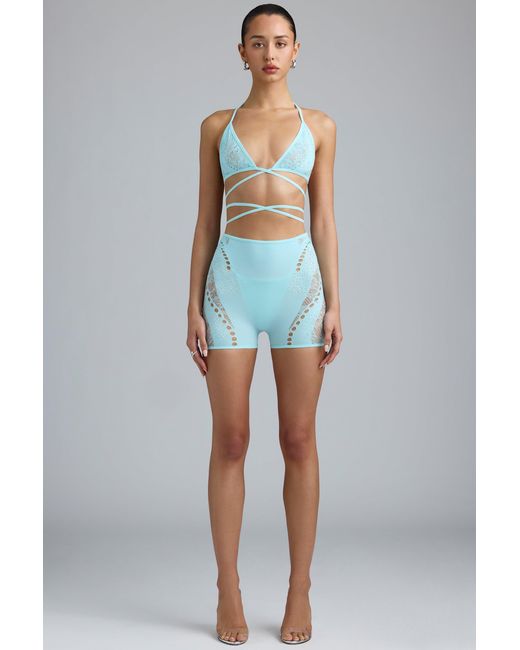 Oh Polly Blue Embellished High-Waist Shorts