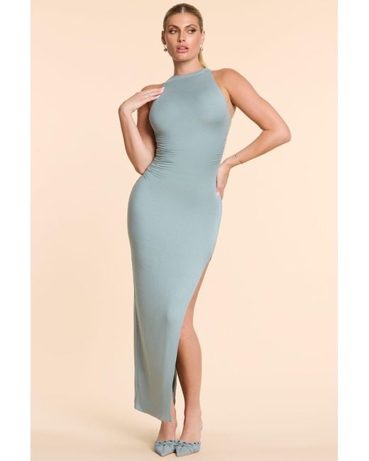 Oh Polly Blue High Neck Racerback Ruched Modal Cashmere Blend Maxi Dress