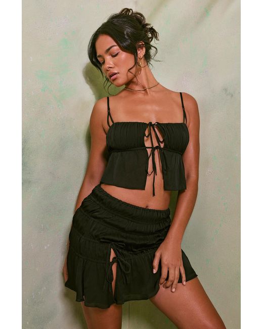 Oh Polly Black Shirred Thigh High Split Mid Rise Mini Skirt