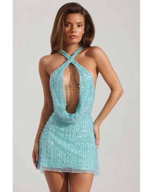 Oh Polly Blue Embellished Cowl-Neck Backless Mini Dress