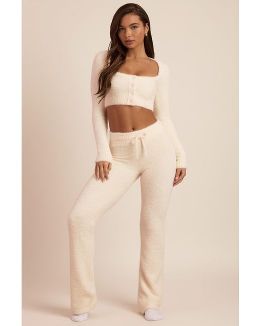 Oh Polly White Fluffy Knit Wide-Leg Trousers