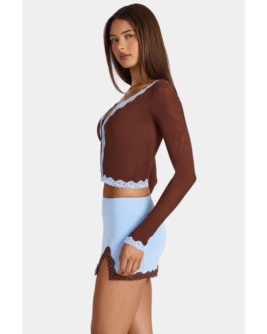 Oh Polly Brown Lace-Trim Cropped Cardigan