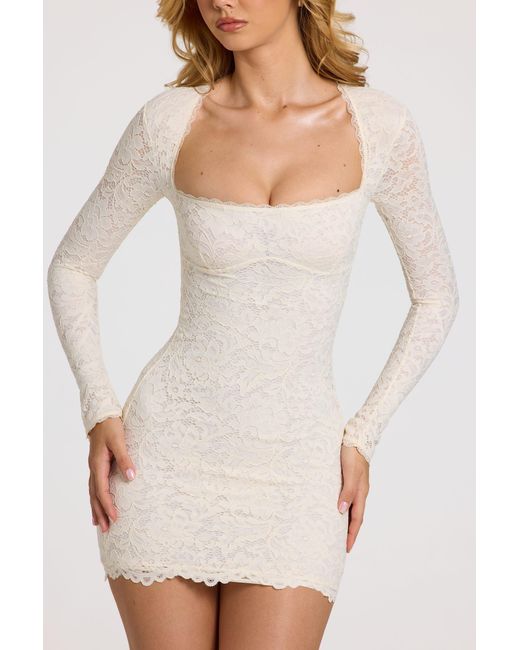 Oh Polly White Scalloped-Lace Long-Sleeve Mini Dress