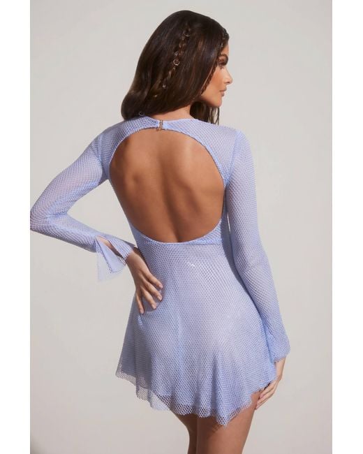 Oh Polly Blue Embellished Long Sleeve Backless Mini Dress