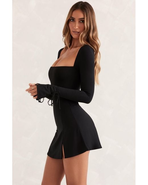 Oh Polly Black Square Neck Long Sleeve Mini Dress