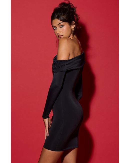 Oh Polly Black Off-Shoulder Ruched Mini Dress