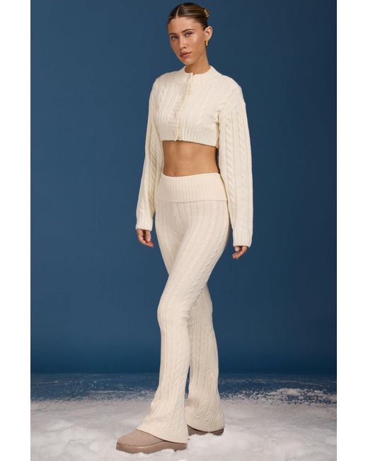 BO+TEE White Cable Knit Foldover Flared Trousers