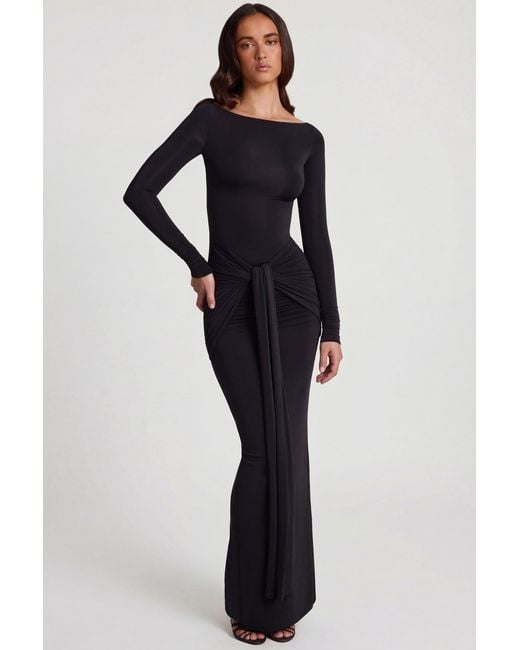 Oh Polly Black Soft Jersey Boat-Neck Tie-Gather Maxi Dress