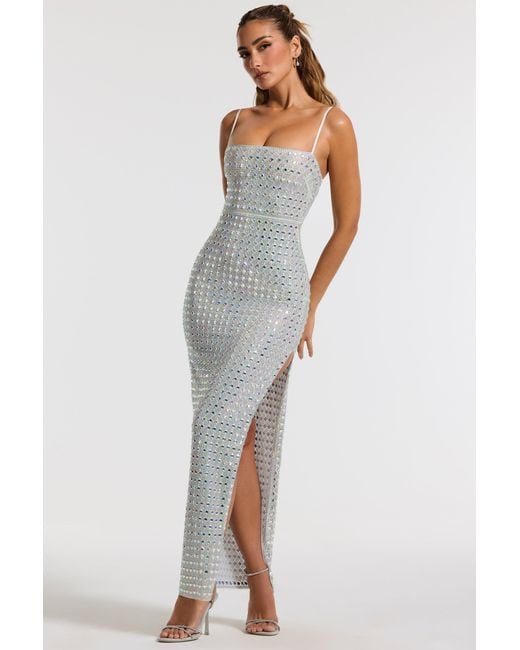 Oh Polly White Embellished Square Neck Thigh Split Gown