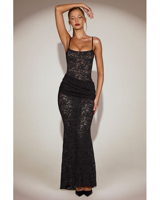 Oh Polly Black Sheer Lace Square-Neck Ruched Gown