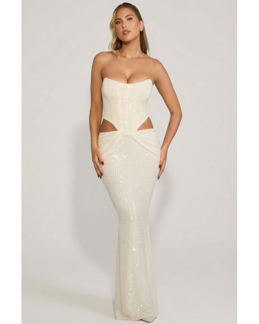 Oh Polly White Embellished Cut-Out Draped Corset Gown