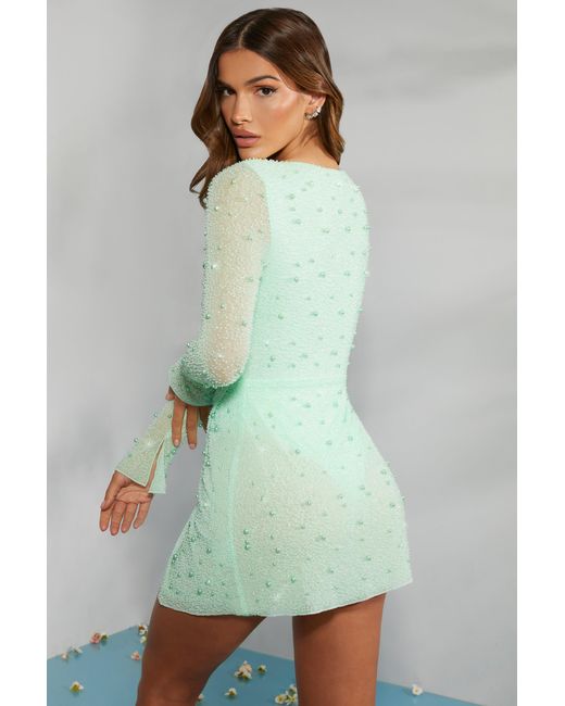 Oh Polly Green Embellished Wrap Over A-Line Mini Dress