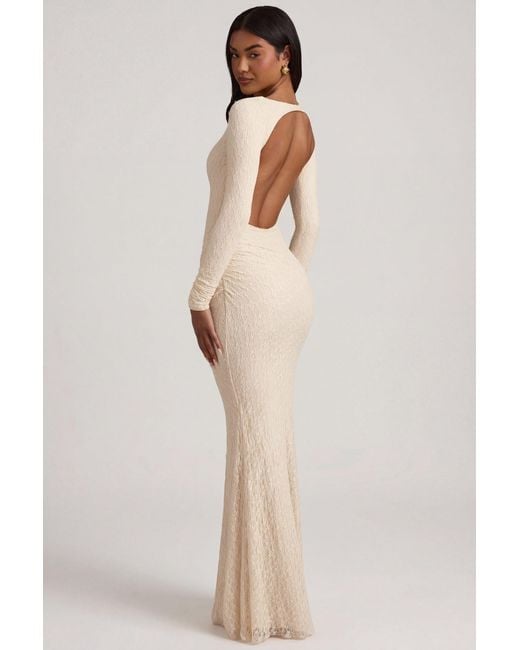 Oh Polly White Ruched Backless Lace Maxi Dress