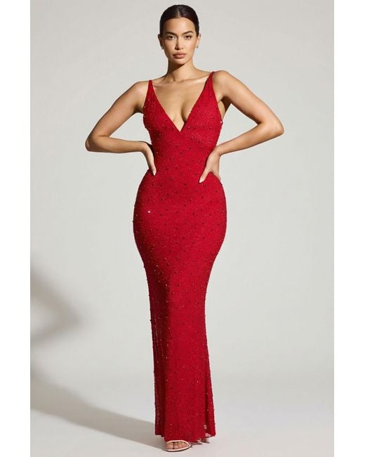 Oh Polly Red Embellished Plunge Neck Evening Gown