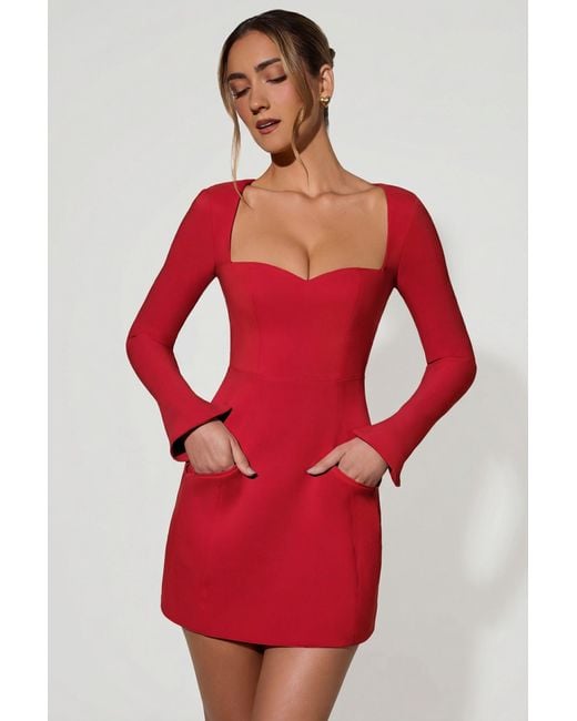 Oh Polly Red Sweetheart-Neck Long-Sleeve A-Line Mini Dress